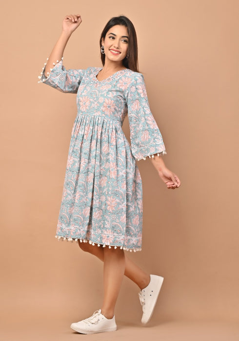 Starling Blue Hand Block Print Pure Cotton Dress (CRD10)
